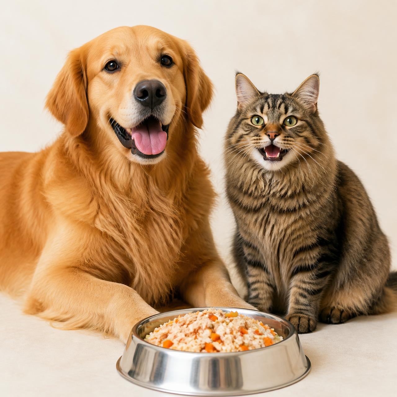 Perro y gato junto a un comedero con comida casera para mascotas